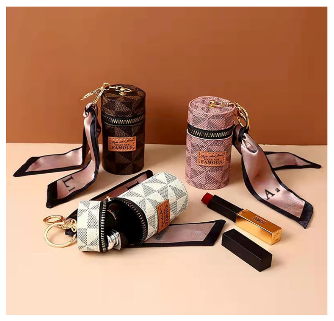 Luxury Leather Lip Gloss Bag, Mini Lipstick Case with Keychain