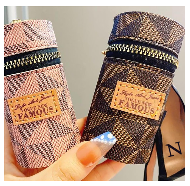 Luxury Leather Lip Gloss Bag, Mini Lipstick Case with Keychain