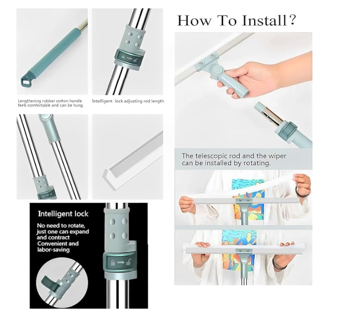 Soft Rubber Blade Floor and Window Glass Cleaning Wiper with Telescopic Handle