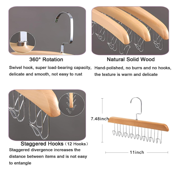 Multifunctional Non-Slip Storage Hangers with 8 Hooks 360 Degree Swivel Wooden Belt Hanger for Home Closet Clothing Storage Organization