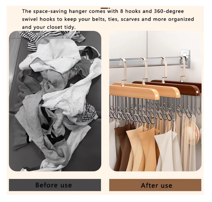 Multifunctional Non-Slip Storage Hangers with 8 Hooks 360 Degree Swivel Wooden Belt Hanger for Home Closet Clothing Storage Organization