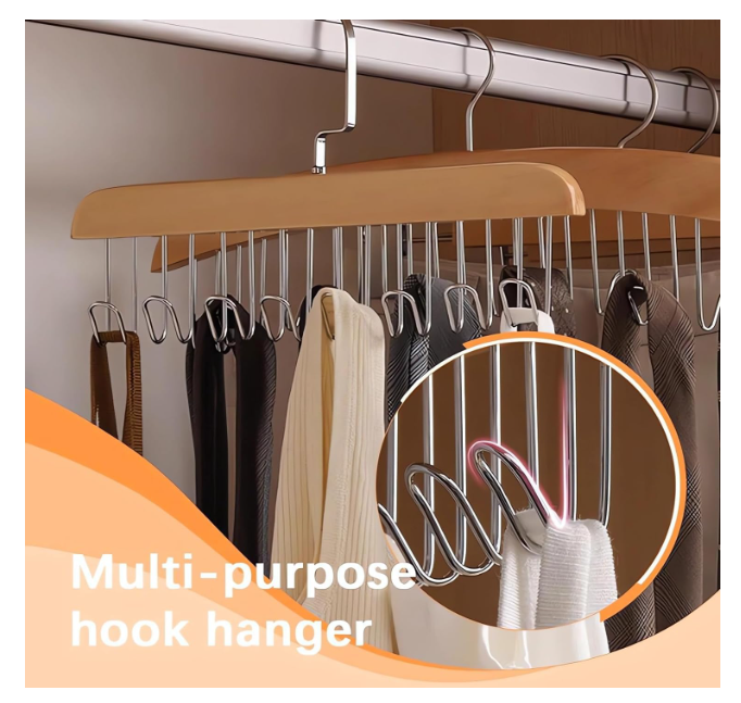 Multifunctional Non-Slip Storage Hangers with 8 Hooks 360 Degree Swivel Wooden Belt Hanger for Home Closet Clothing Storage Organization