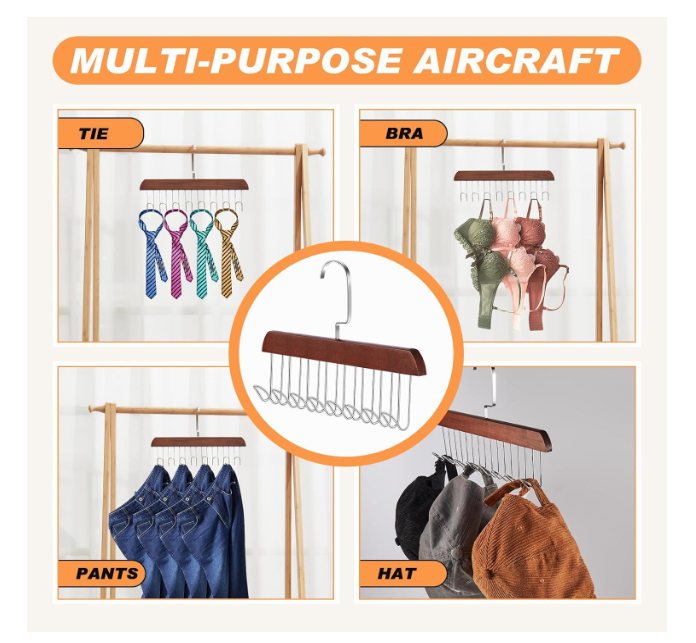 Multifunctional Non-Slip Storage Hangers with 8 Hooks 360 Degree Swivel Wooden Belt Hanger for Home Closet Clothing Storage Organization