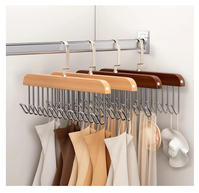 Multifunctional Non-Slip Storage Hangers with 8 Hooks 360 Degree Swivel Wooden Belt Hanger for Home Closet Clothing Storage Organization
