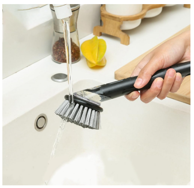 Dishwashing Brush with Soap Dispenser Kitchen Dishwashing Brush Black & Gray with Handle is Suitable for Tableware/Pans/Pots