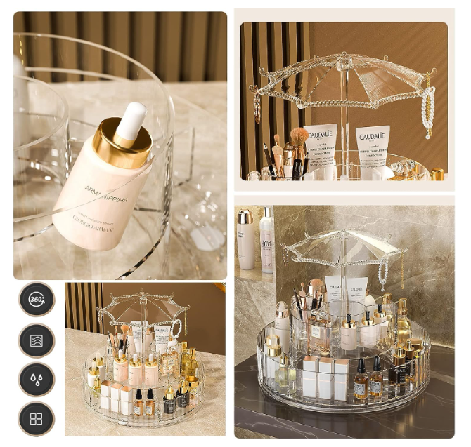 1pc Large Capacity Transparent Spinning Makeup Organizer with Umbrella Design - Perfect for Storing Lipstick and Skin Care Products in Your Bedroom or Dressing Table