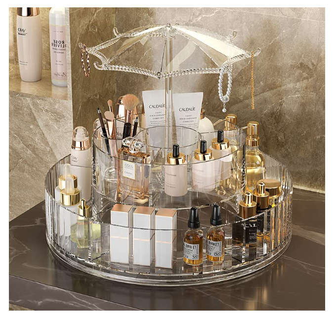 1pc Large Capacity Transparent Spinning Makeup Organizer with Umbrella Design - Perfect for Storing Lipstick and Skin Care Products in Your Bedroom or Dressing Table