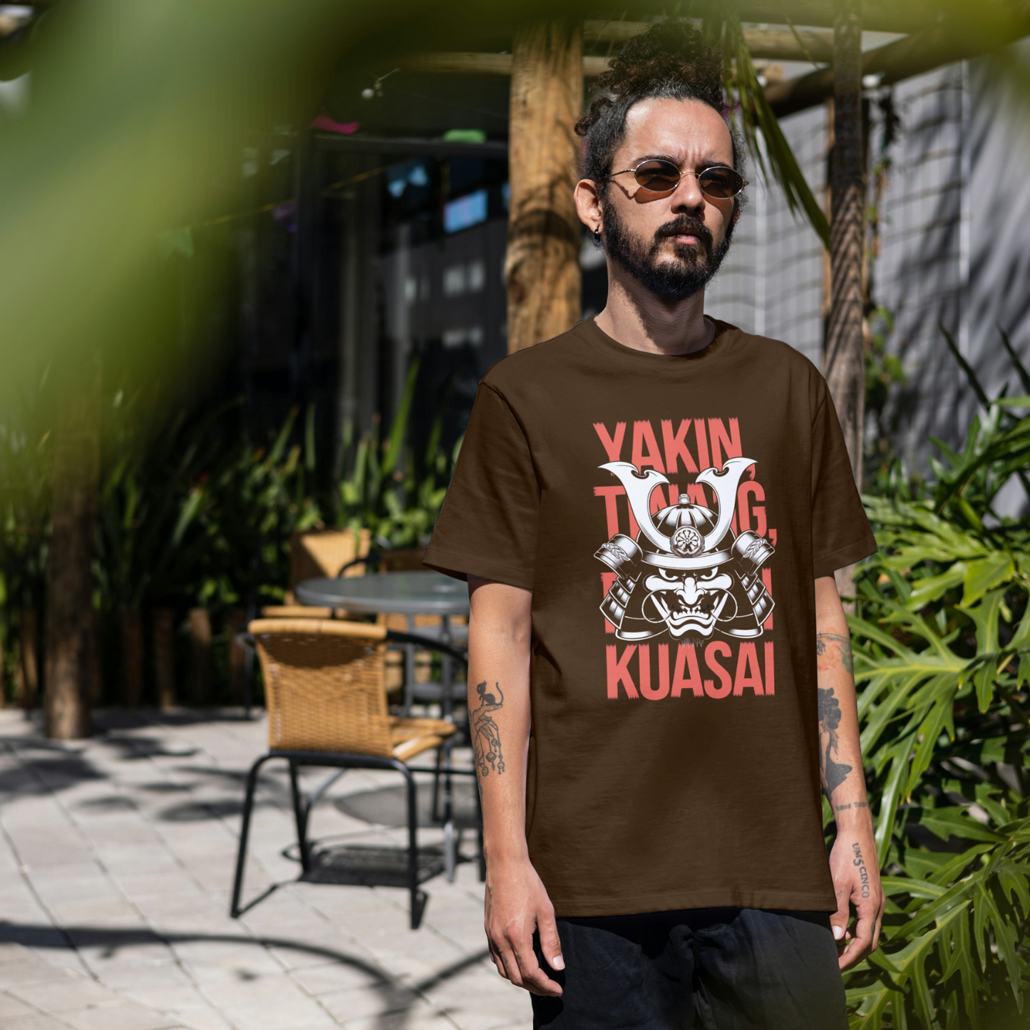Samurai Mask Coffee Brown Printed T-Shirt