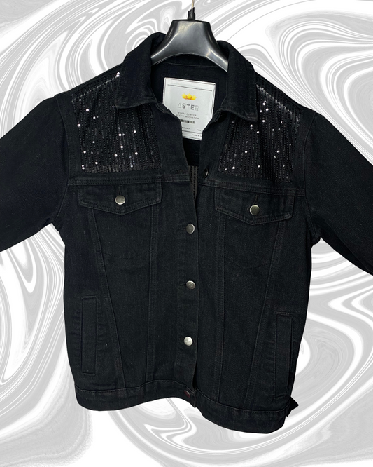 Midnight Glimmer – Black Sequin Panel Denim Jacket by ASTER STORE