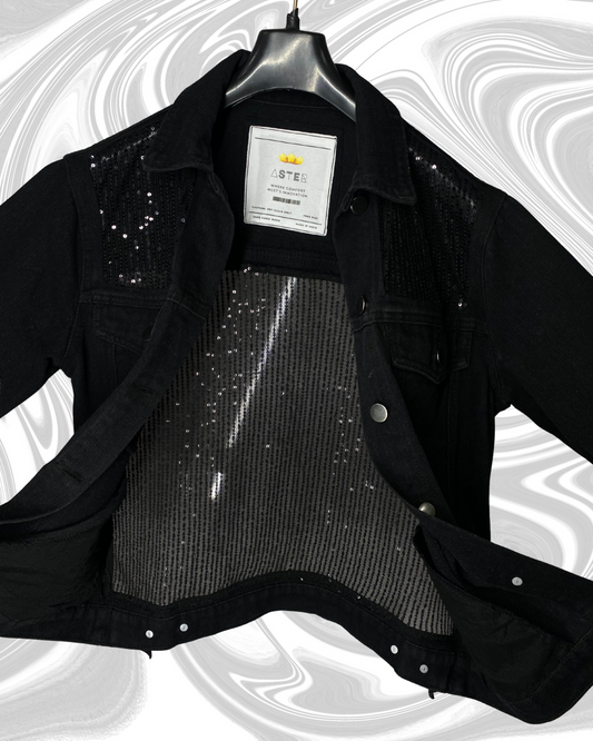 Midnight Glimmer – Black Sequin Panel Denim Jacket by ASTER STORE