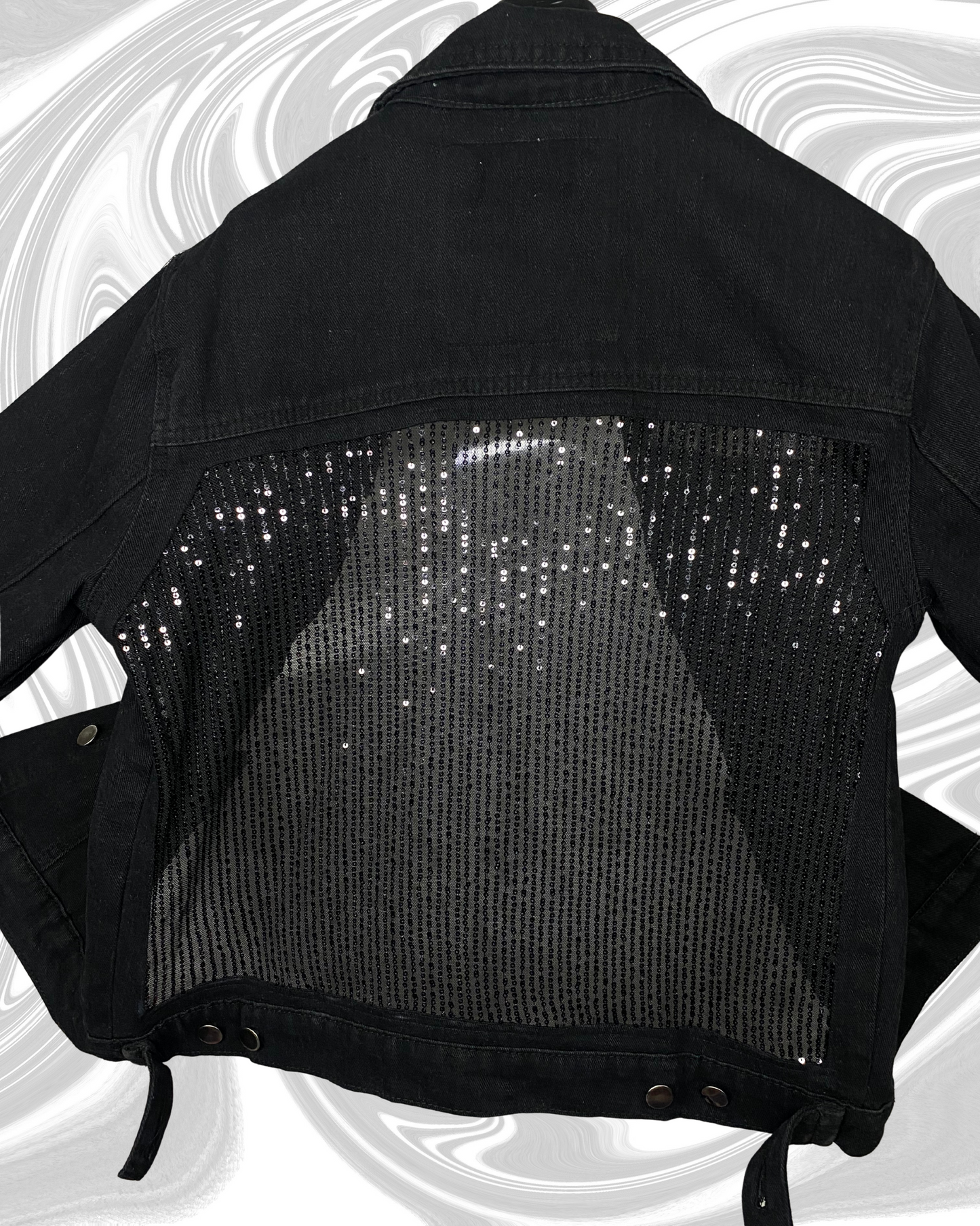 Midnight Glimmer – Black Sequin Panel Denim Jacket by ASTER STORE