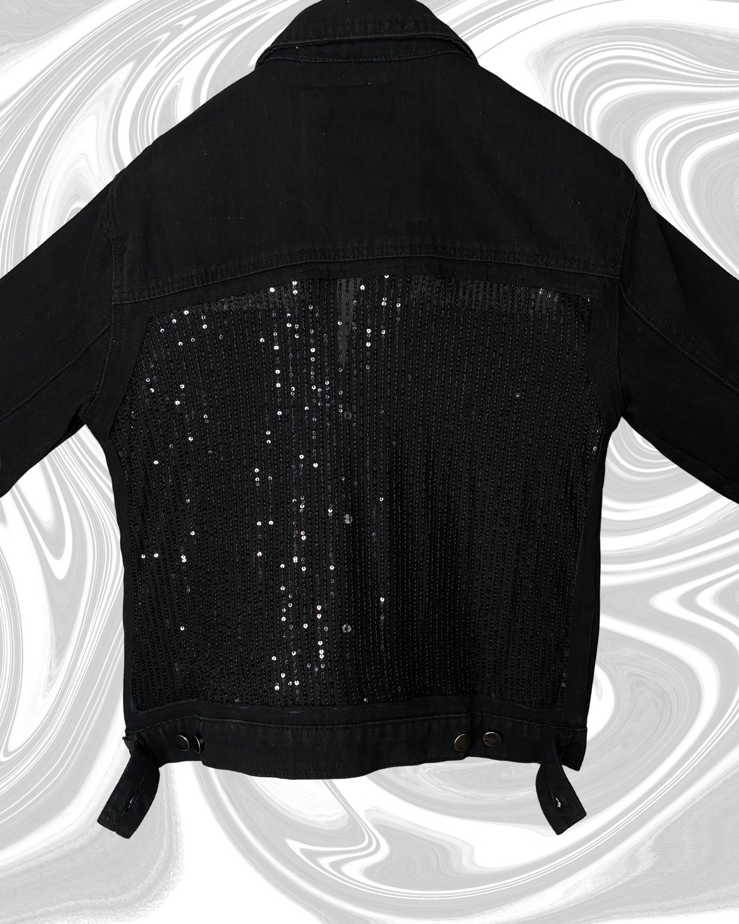Midnight Glimmer – Black Sequin Panel Denim Jacket by ASTER STORE