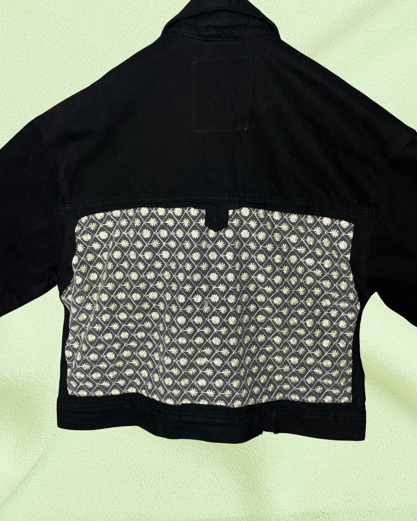 Starlit Noir – Black Denim Jacket with Sheer Embroidery Panels by ASTER STORE