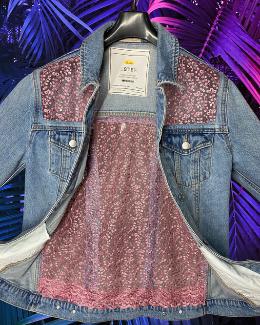 Sheer Beauty: Blue Denim Jacket with Pink Lace