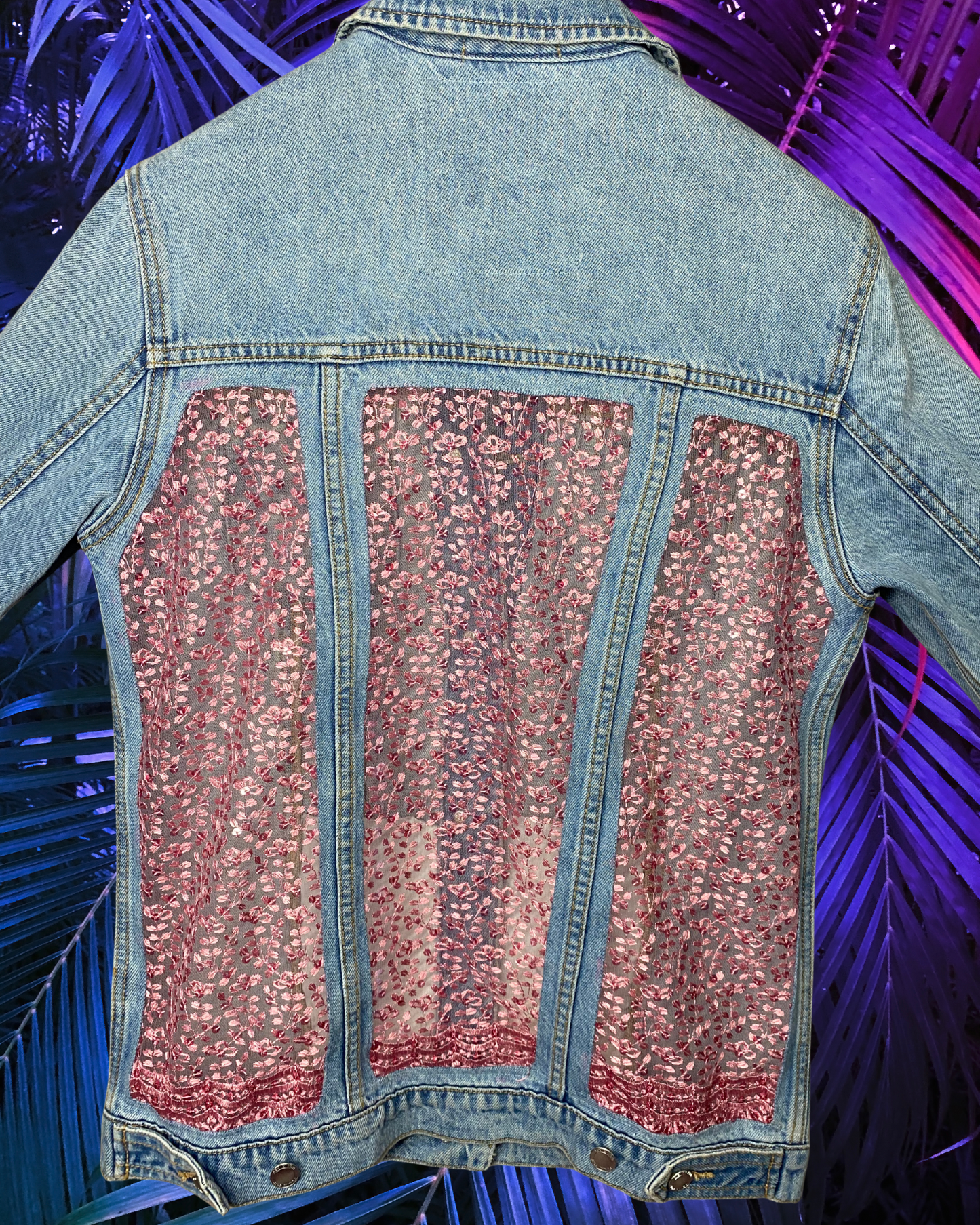 Sheer Beauty: Blue Denim Jacket with Pink Lace