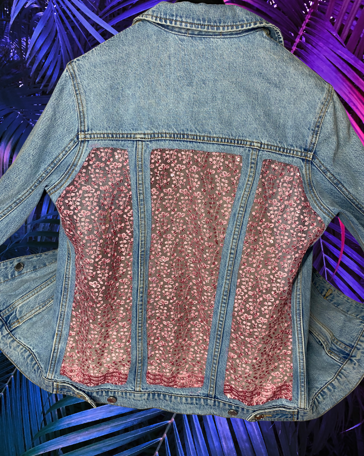 Sheer Beauty: Blue Denim Jacket with Pink Lace