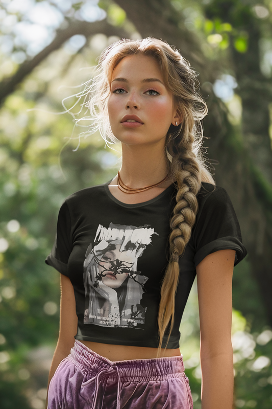 โFading Thoughtsโ Graphic Crop Tee โ ASTER Womenโs Noir Collection