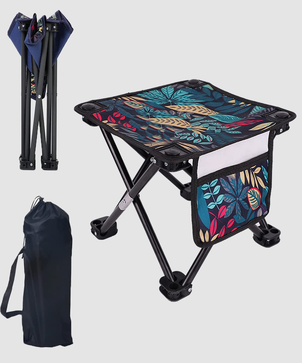Portable Small Folding Stool For Camping (Leaves Blue, Basic)
