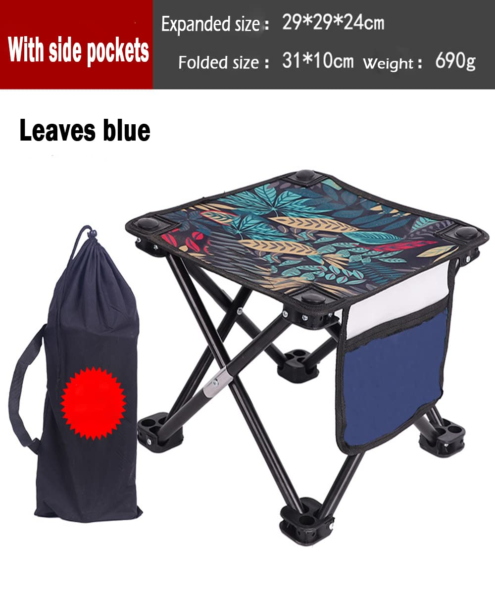 Portable Small Folding Stool For Camping (Leaves Blue, Basic)