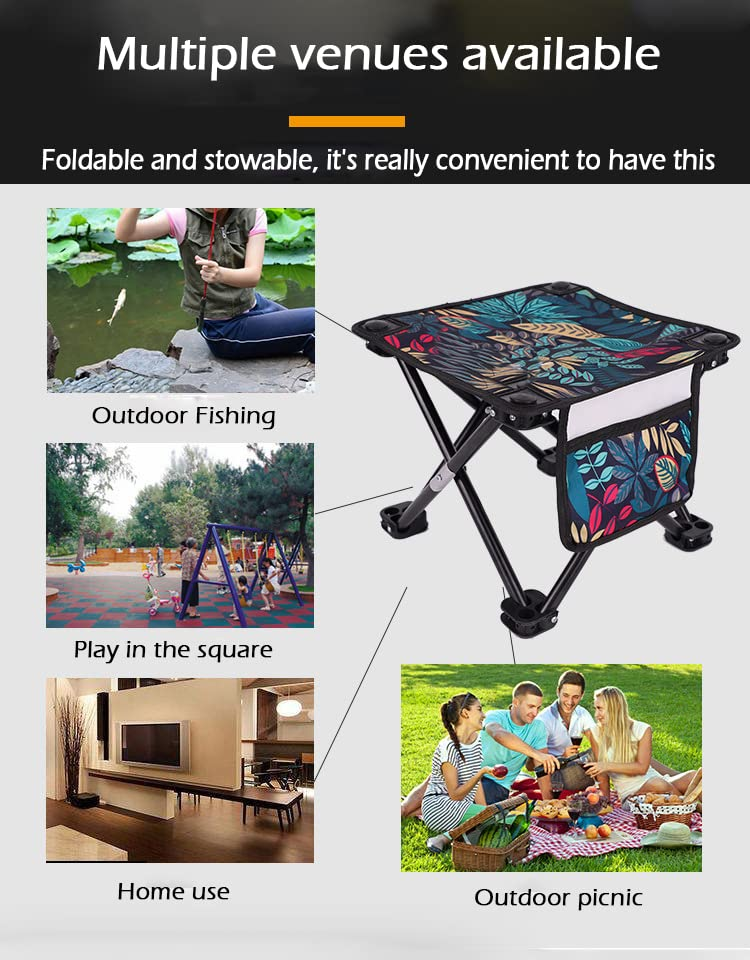 Portable Small Folding Stool For Camping (Leaves Blue, Basic)