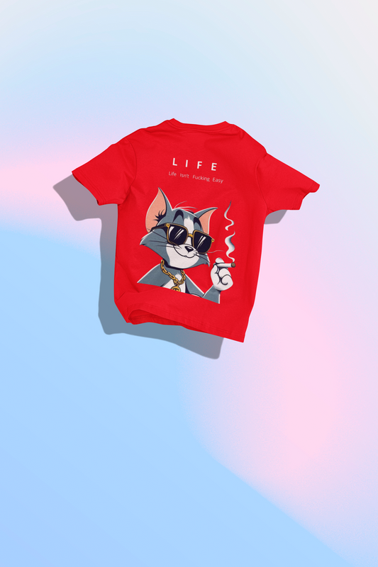 "Life Isn’t Easy" Dual-Sided Terry Oversized T-Shirt – Tom Cartoon & Bold Quote | ASTER STORE