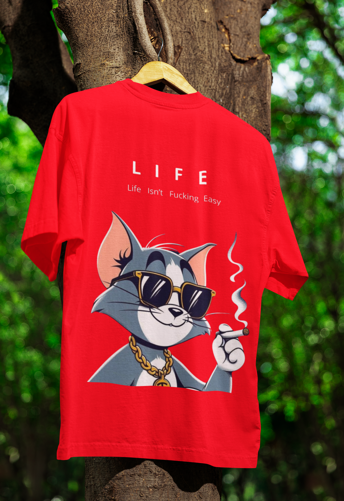 "Life Isn’t Easy" Dual-Sided Terry Oversized T-Shirt – Tom Cartoon & Bold Quote | ASTER STORE