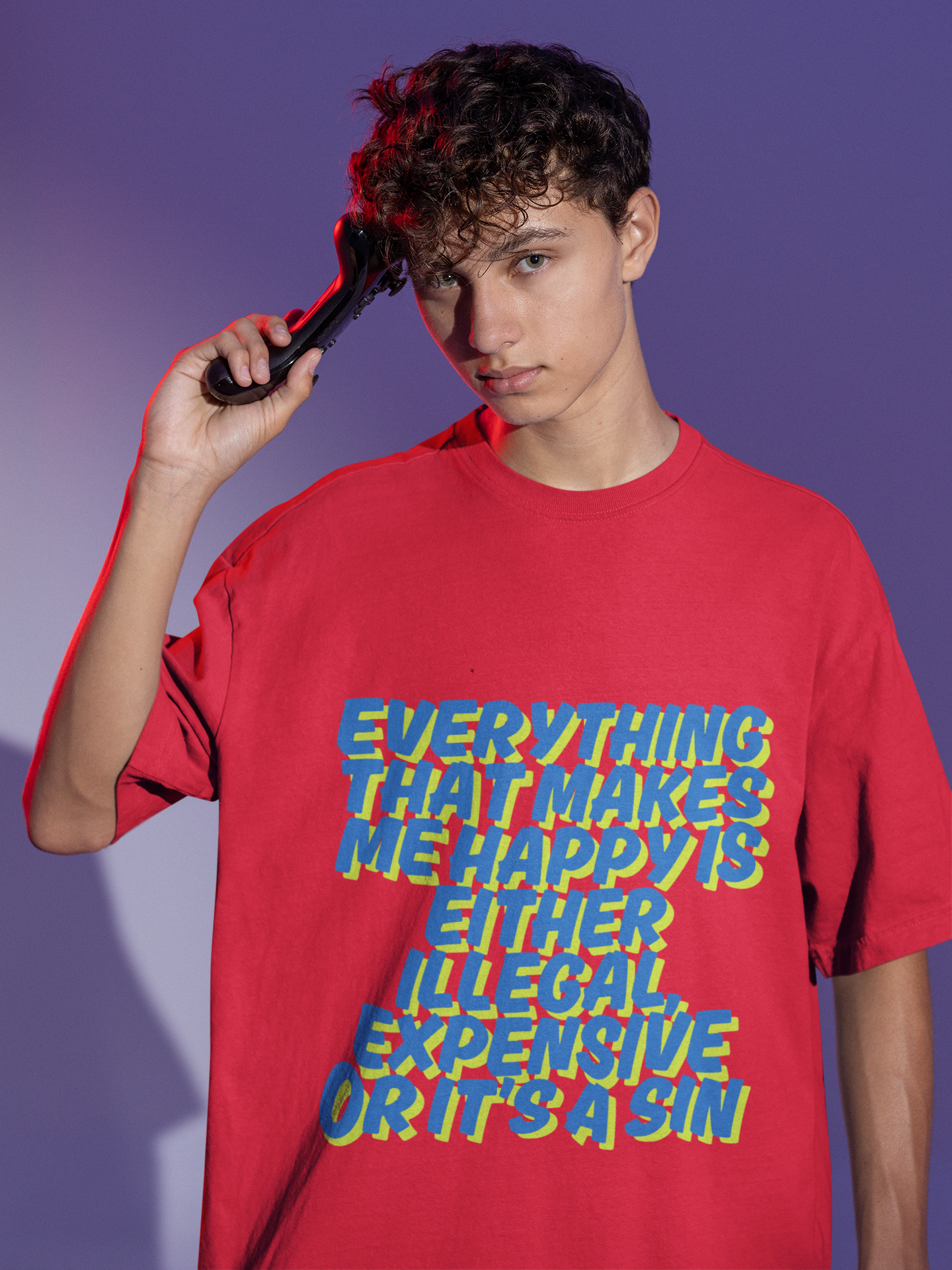 "Life Isn’t Easy" Dual-Sided Terry Oversized T-Shirt – Tom Cartoon & Bold Quote | ASTER STORE