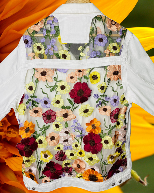 Bloom Luxe – White Floral Embroidered Sheer Panel Denim Jacket by ASTER STORE