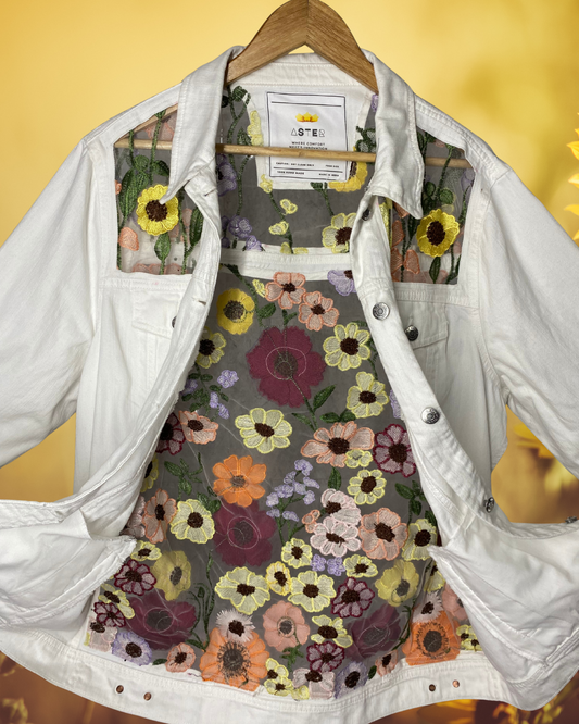 Bloom Luxe – White Floral Embroidered Sheer Panel Denim Jacket by ASTER STORE