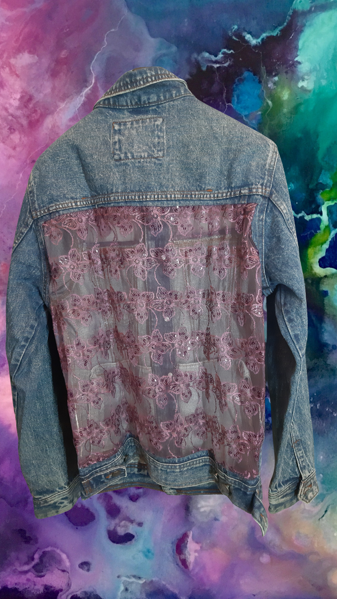 🌹💙Midnight Rose – Dark Blue Denim Jacket with Rose Pink Floral Embroidery on Net Fabric