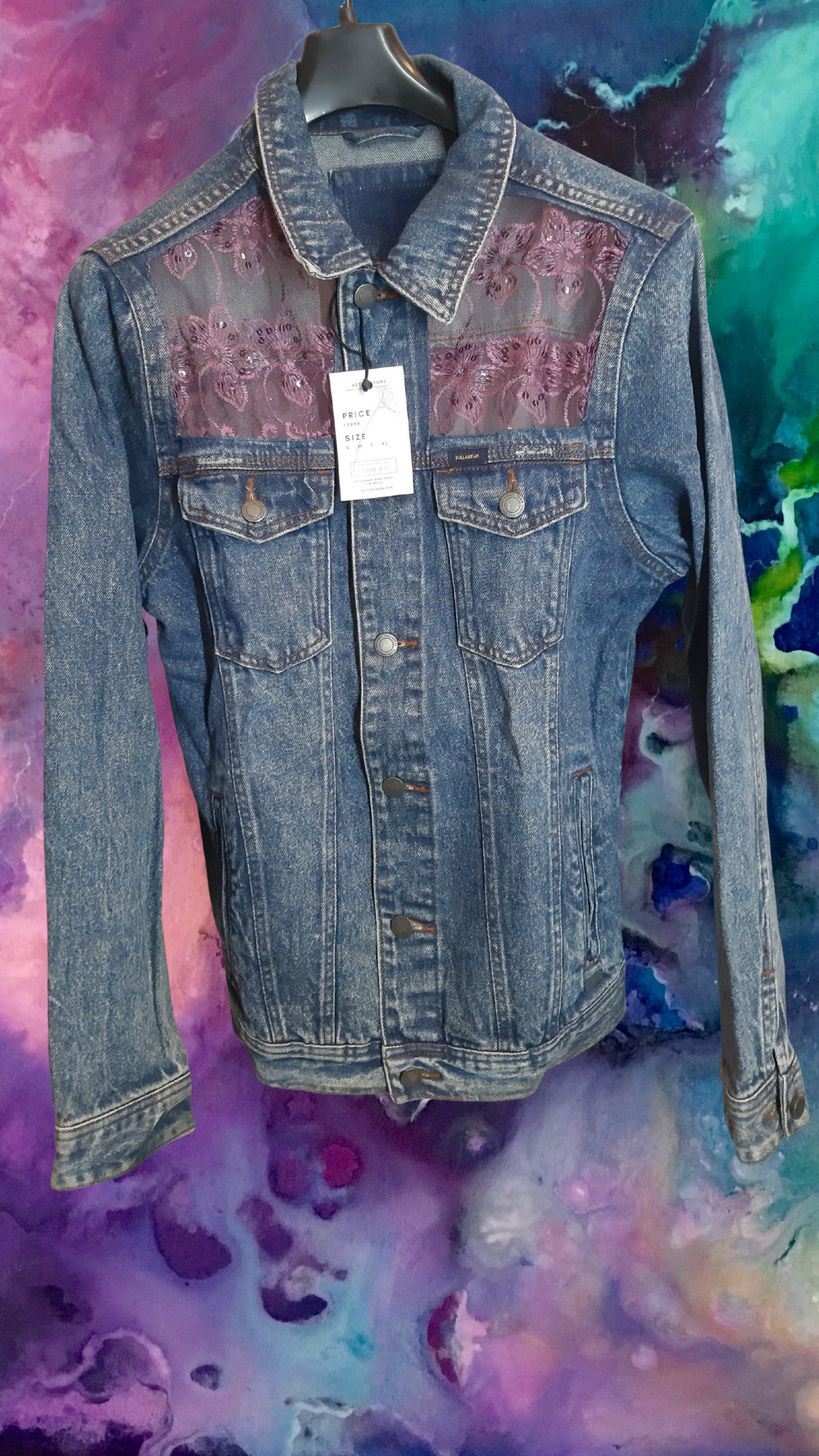 🌹💙Midnight Rose – Dark Blue Denim Jacket with Rose Pink Floral Embroidery on Net Fabric