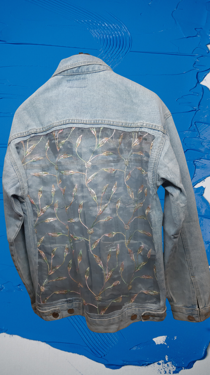 💧Sky Whisper – Light Blue Denim Jacket with Leaf Embroidery on Net Fabric