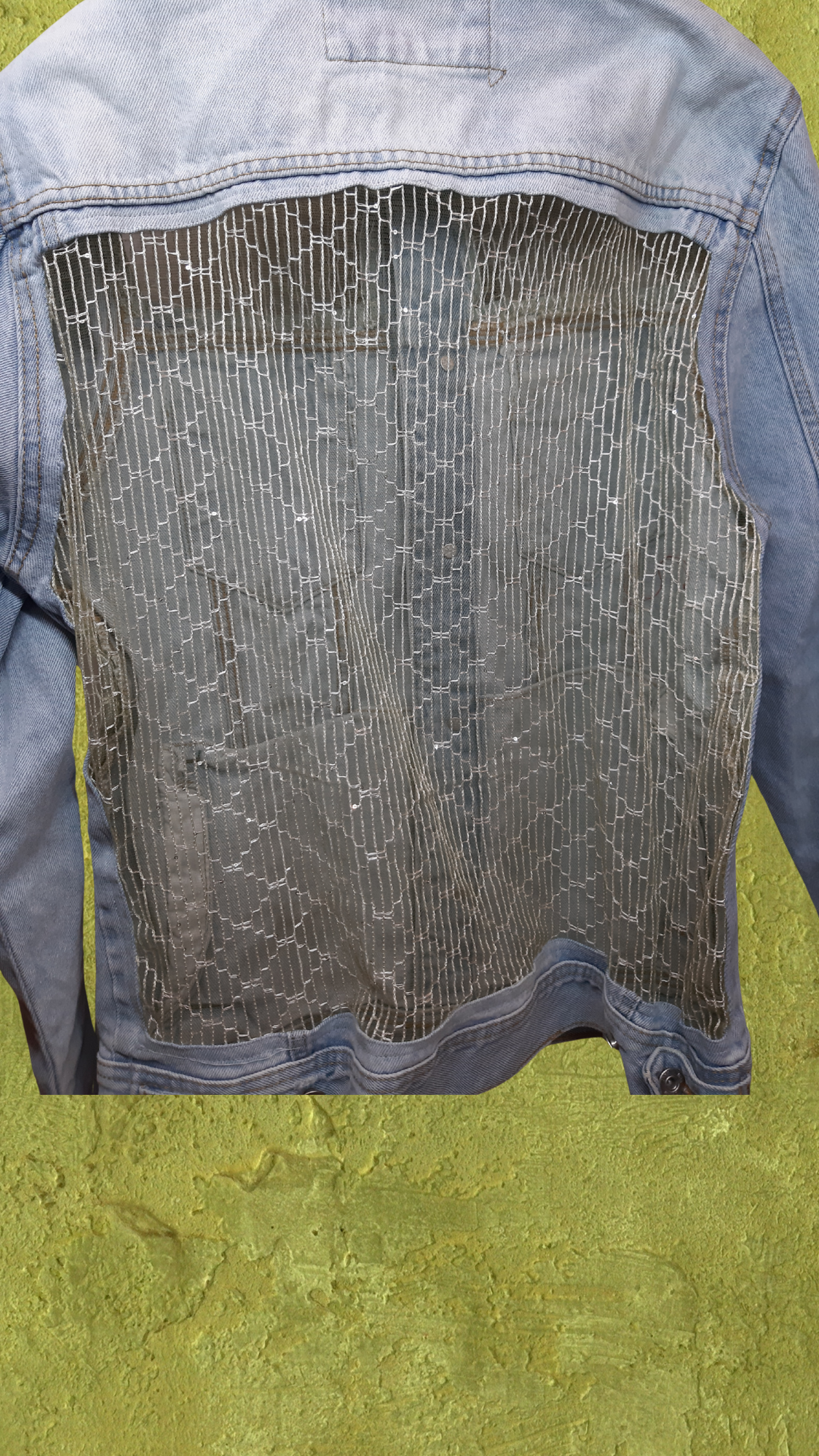 💙🌿 Azure Bloom – Light Blue Denim Jacket with Green Net Embroidery