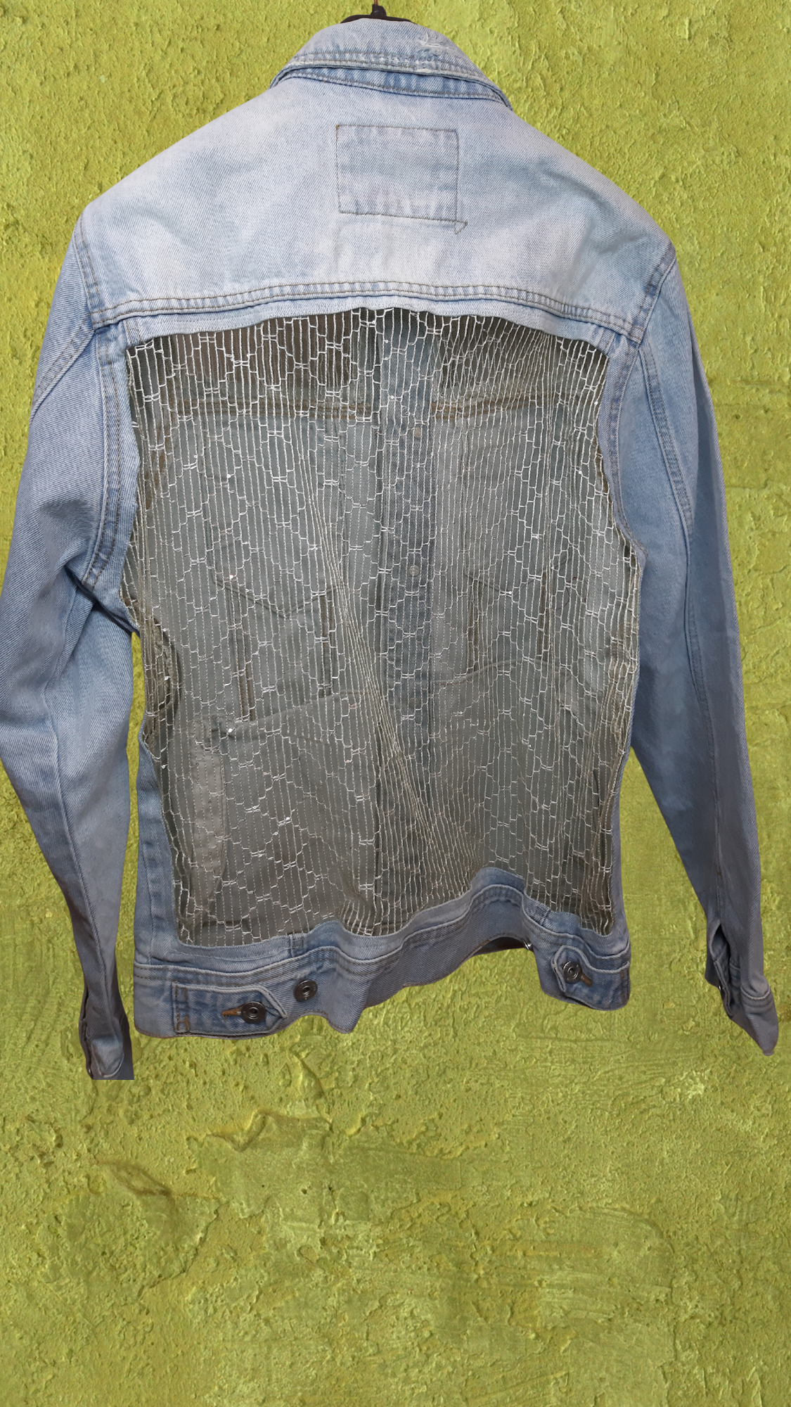 💙🌿 Azure Bloom – Light Blue Denim Jacket with Green Net Embroidery