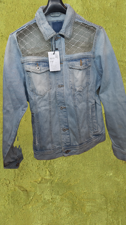 💙🌿 Azure Bloom – Light Blue Denim Jacket with Green Net Embroidery