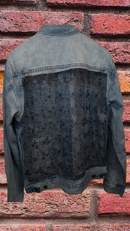 🩵🩶Arctic Grace – Blue Denim Jacket with Grey Thread Embroidery on Net Fabric