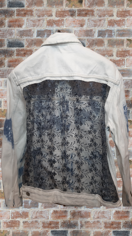 💙🤍Ocean Mist – White & Blue Patch Denim Jacket with Artistic Panel Detailing