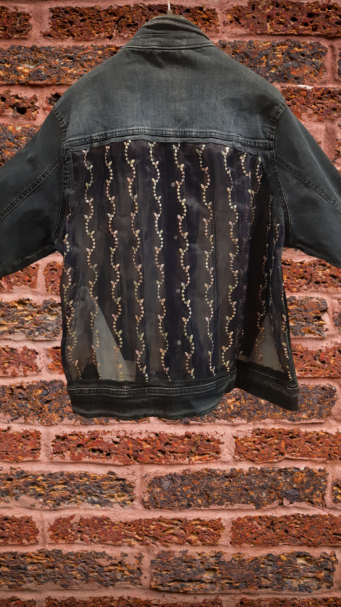 💙✨Ocean Whisper – Dark Blue Denim Jacket with Blue Net Panels & Coordinated Embroidery