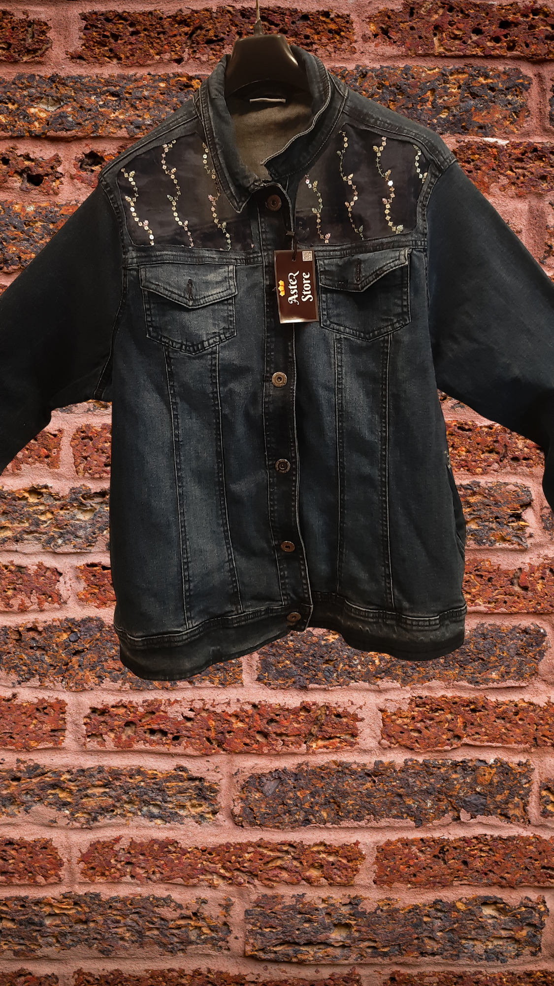 💙✨Ocean Whisper – Dark Blue Denim Jacket with Blue Net Panels & Coordinated Embroidery