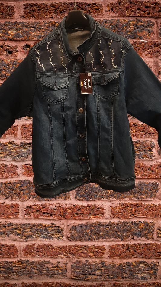 💙✨Ocean Whisper – Dark Blue Denim Jacket with Blue Net Panels & Coordinated Embroidery