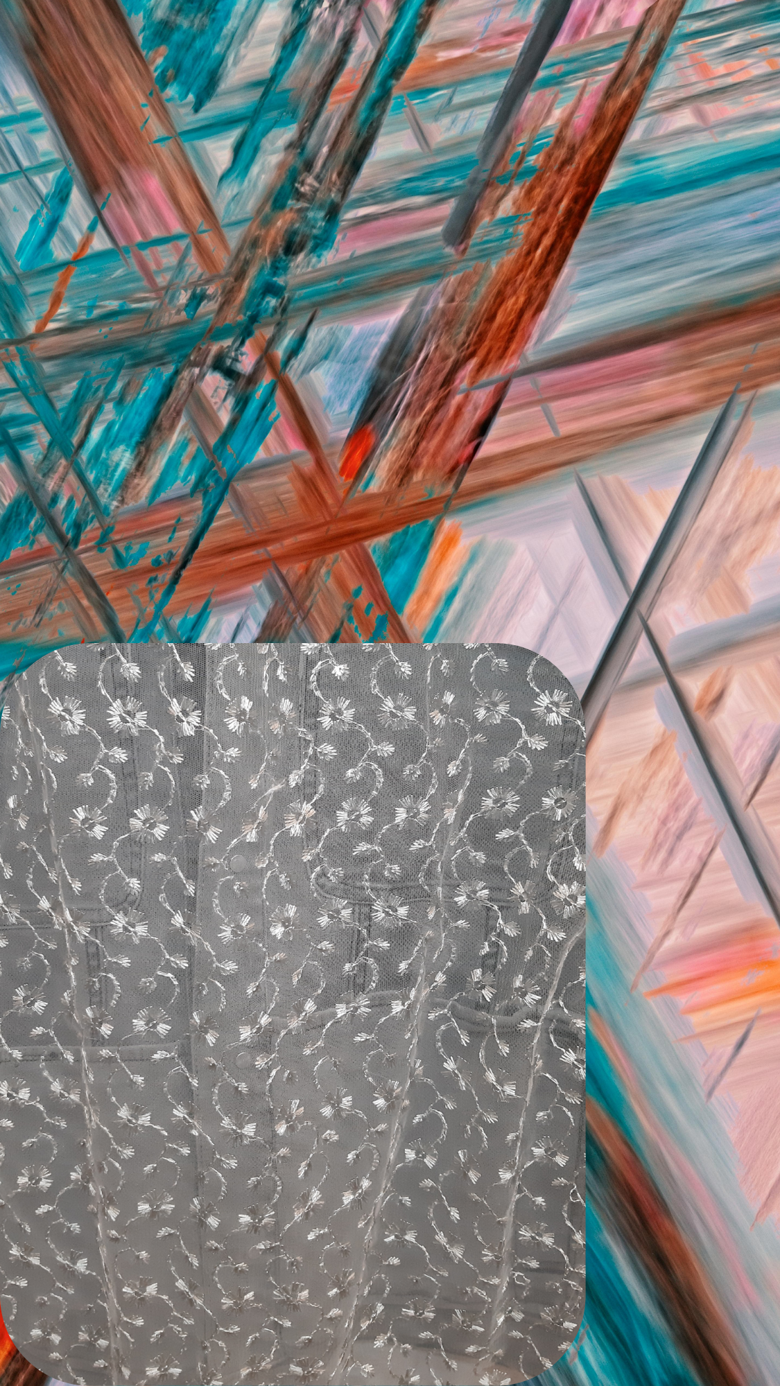 🌫️Mist Whisper – Grey Denim Jacket with White Thread Detailing on Net Fabric