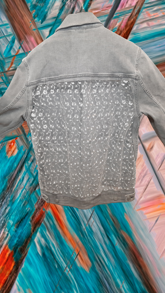 🌫️Mist Whisper – Grey Denim Jacket with White Thread Detailing on Net Fabric