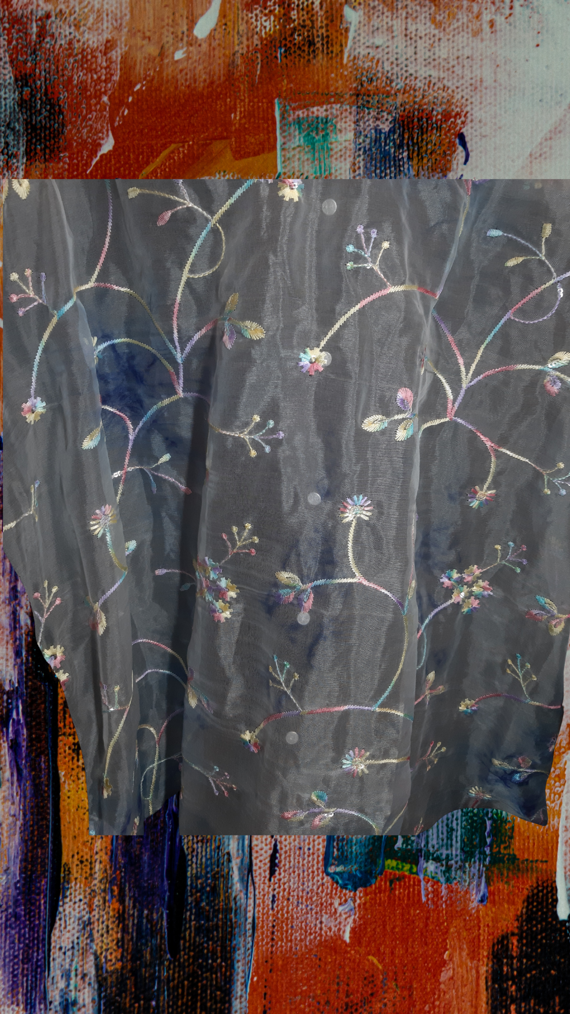 🖤🌸Enchanted Noir – Black Denim Jacket with Colorful Floral & Leaf Embroidery on Net Fabric