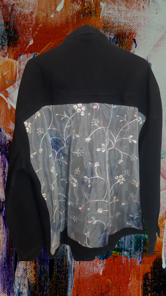 ๐ค๐ธEnchanted Noir โ Black Denim Jacket with Colorful Floral & Leaf Embroidery on Net Fabric