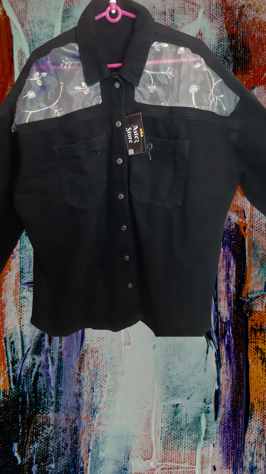 ๐ค๐ธEnchanted Noir โ Black Denim Jacket with Colorful Floral & Leaf Embroidery on Net Fabric