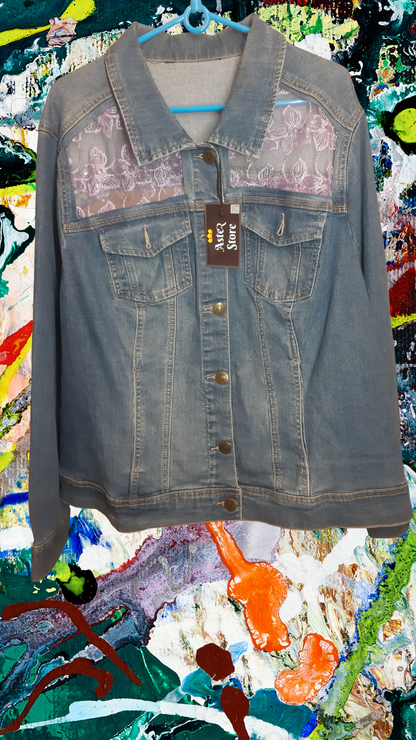 💜✨Midnight Bloom – Dark Blue Denim Jacket with Purple Floral Embroidery on Net Fabric