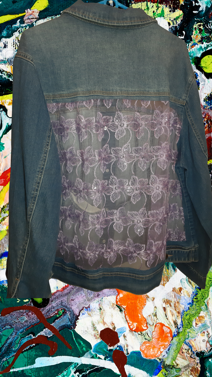 💜✨Midnight Bloom – Dark Blue Denim Jacket with Purple Floral Embroidery on Net Fabric