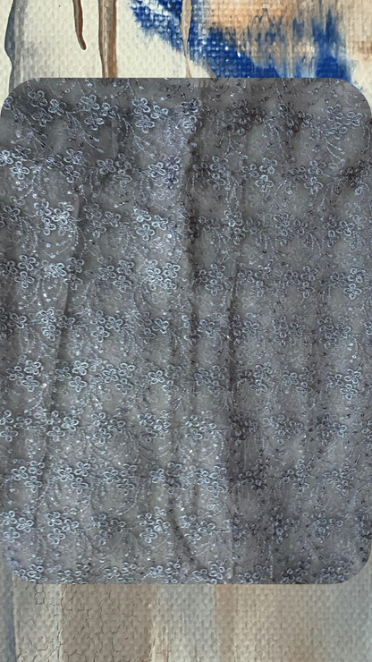 🩵🩶Arctic Grace – Blue Denim Jacket with Grey Thread Embroidery on Net Fabric