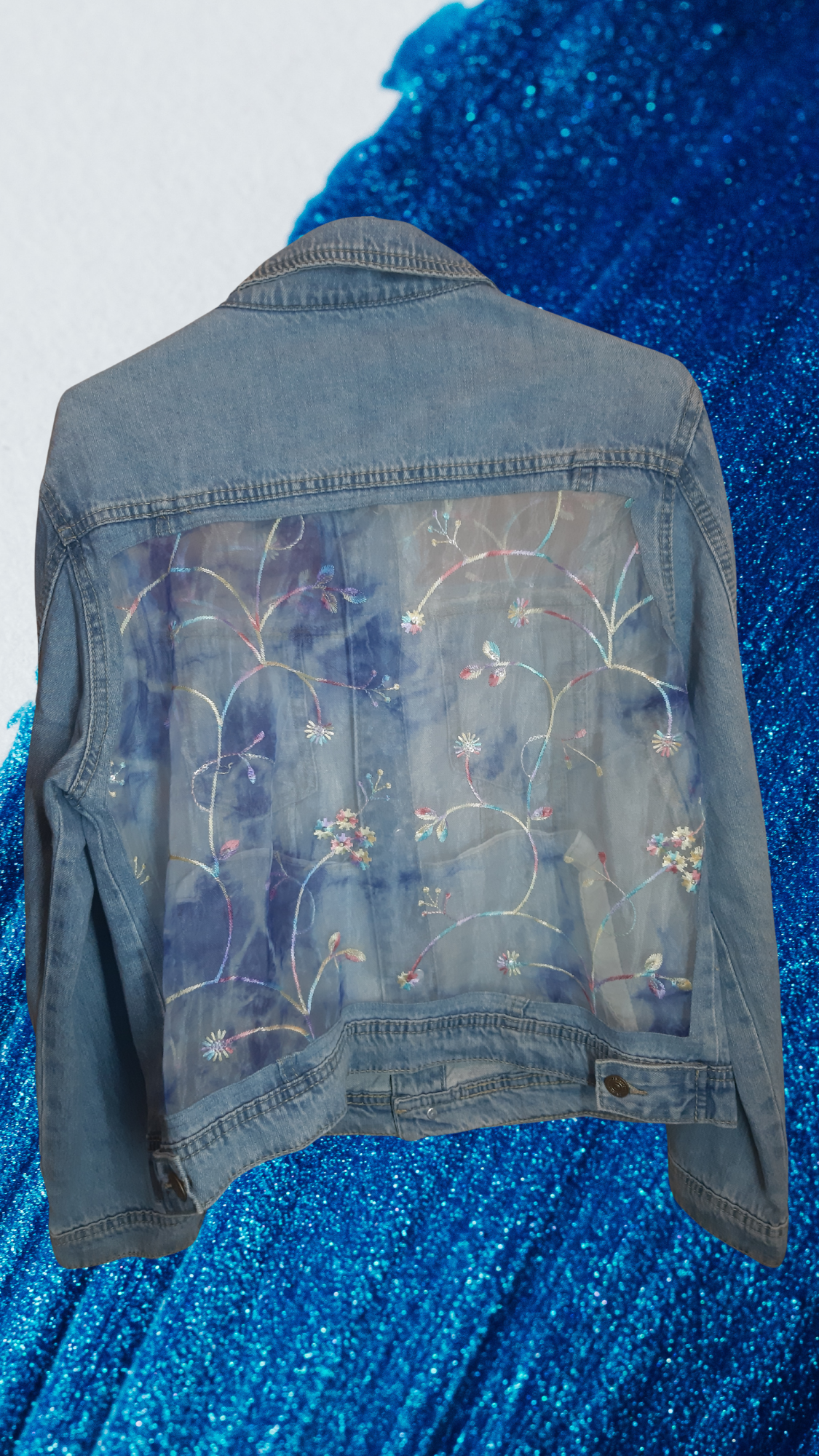 💠🌸Serene Bloom – Light Blue Denim Jacket with Colorful Floral & Leaf Embroidery on Net Fabric