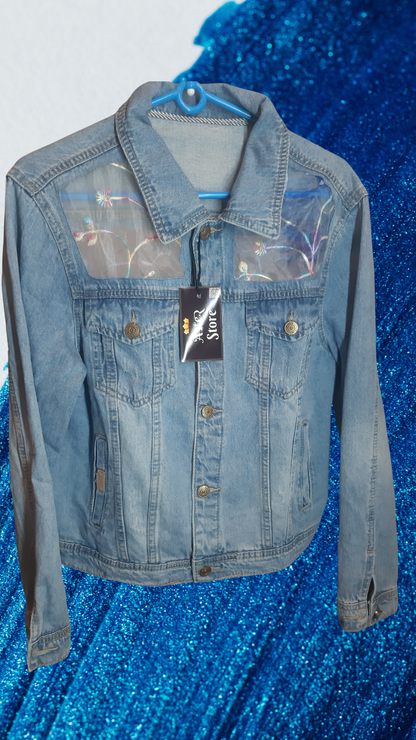 💠🌸Serene Bloom – Light Blue Denim Jacket with Colorful Floral & Leaf Embroidery on Net Fabric